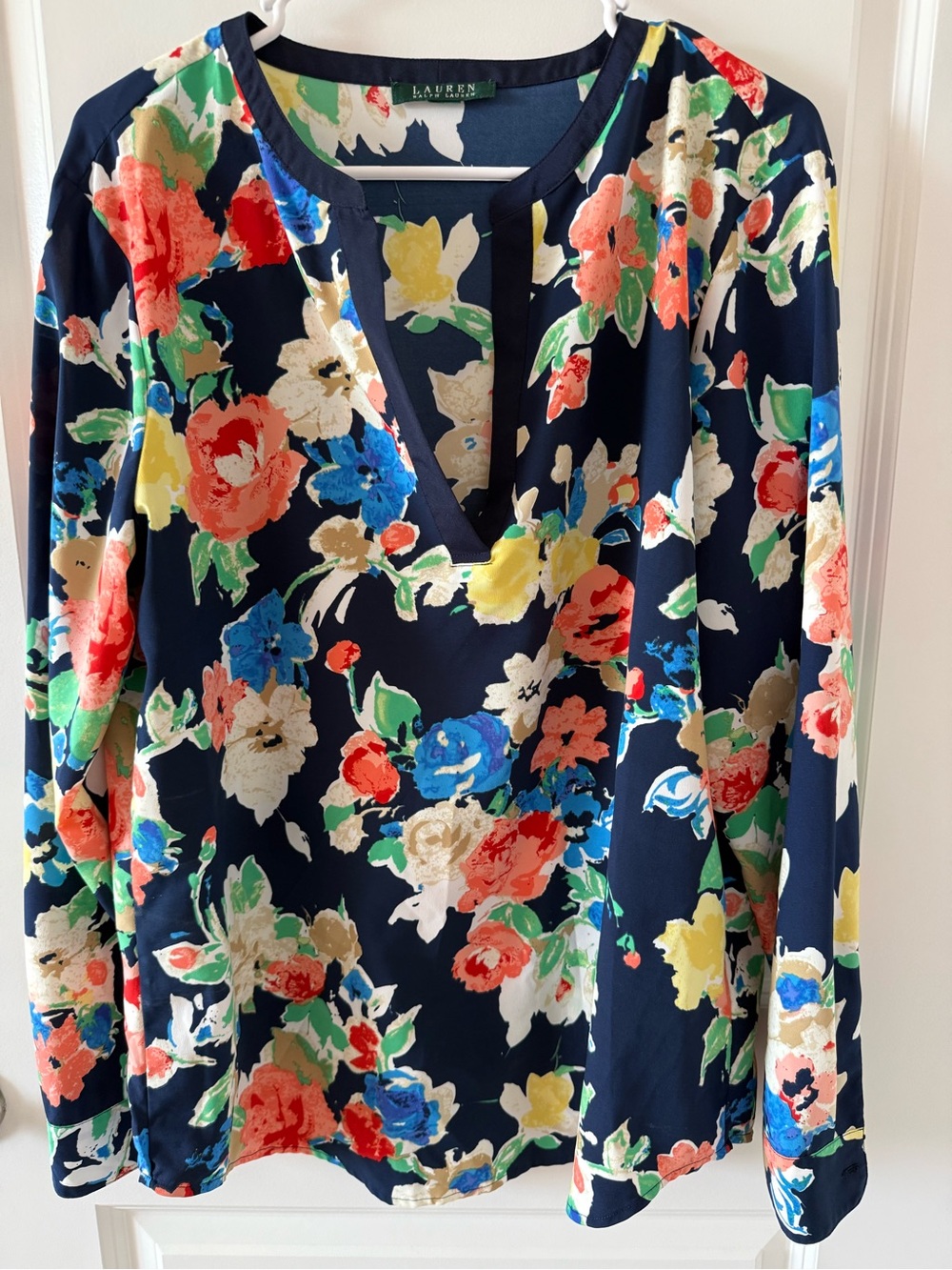 Ralph Lauren Navy Floral V-Neck Tunic with Coral, Blue & Yellow Flowers